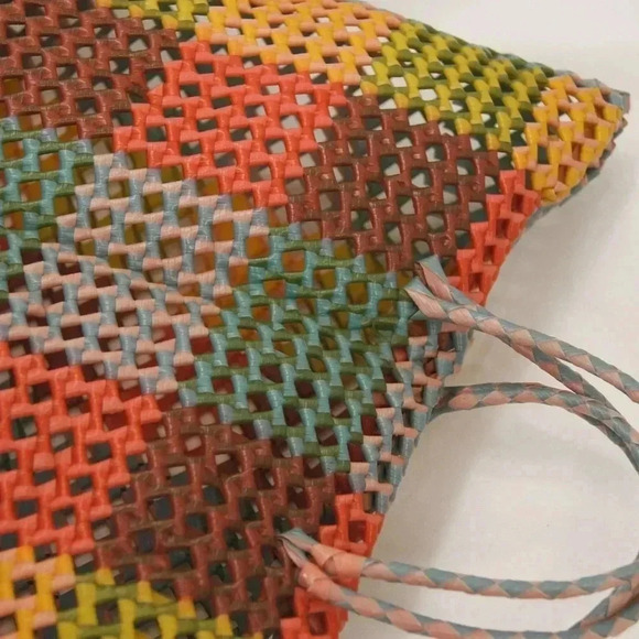 Vintage Multicolour Woven Plaid Check Weaved Retro Purse Tote Bag - Picture 3 of 6